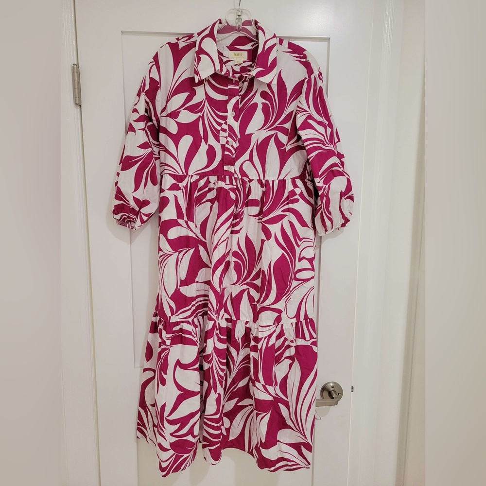Maeve magenta + white patterned Bettina collared dress w/ poofy sleeves (read)